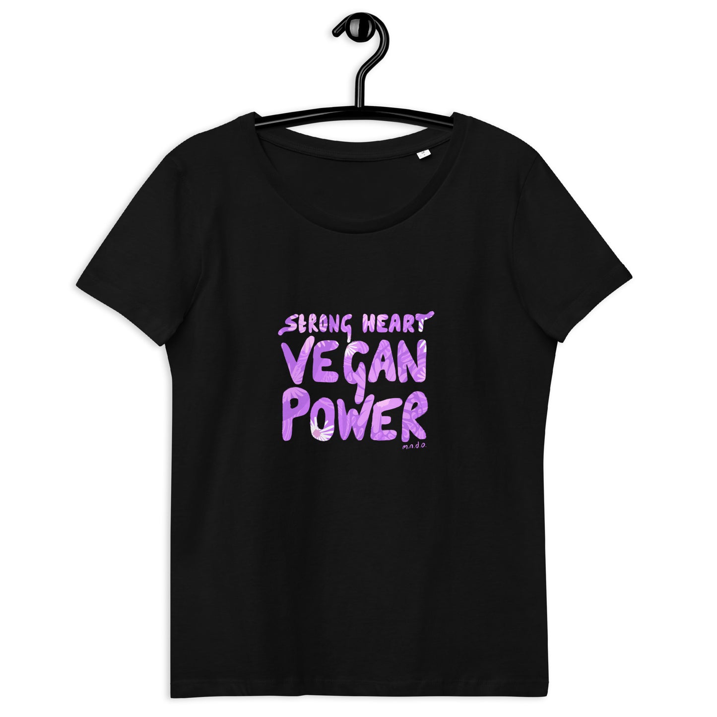 Women's fitted black eco tee - Strong Heart Vegan Power